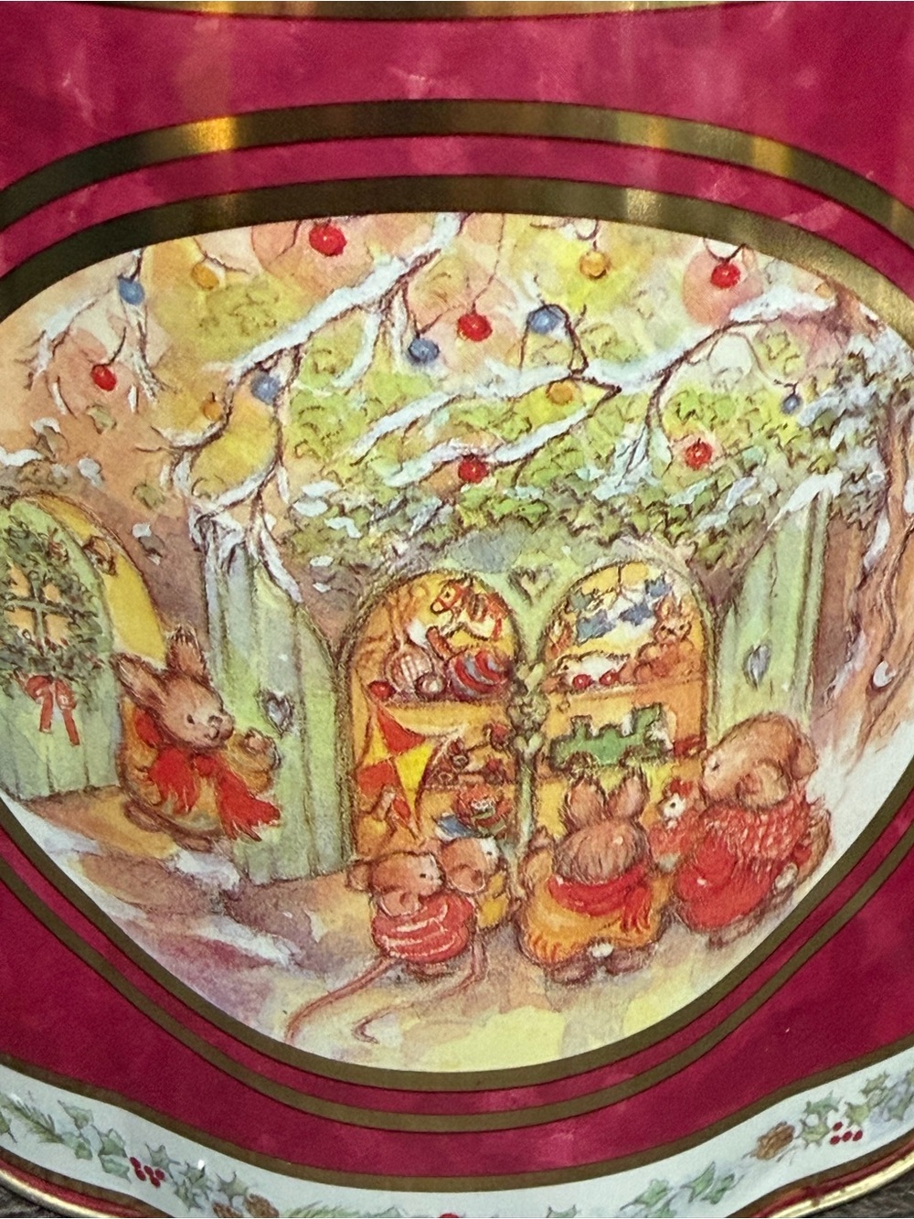 English cookie tin Festive Holiday Woodland Print tin Art - Red